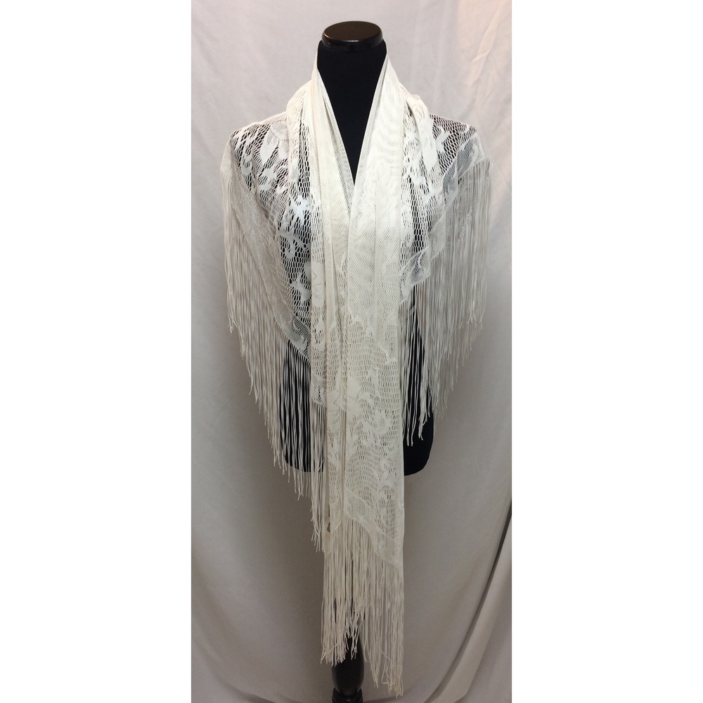 VTG Elvin White Lace Triangle Shawl Fringe Floral Net Wrap Scarf Made in Japan